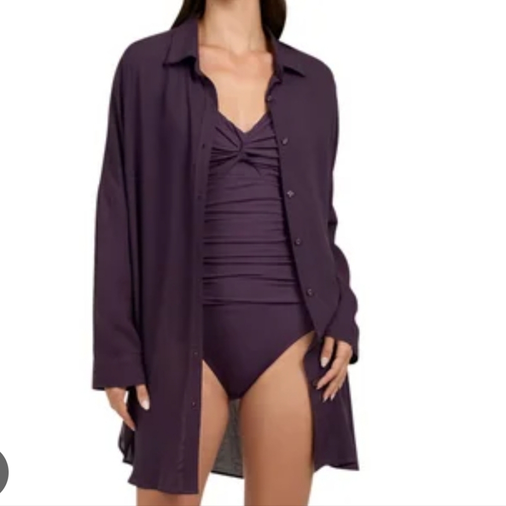 Lands' End Purple Button Up Roll-Tab Sleeve Swim Coverup Size M/L